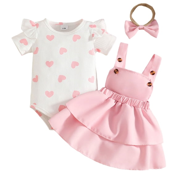 Wxirdiow Rompers for Baby Girl Baby Girl Clothes Summer Outfits Short Sleeve Romper Print Suspender Skirt Bow Headband Set Light Pink Size,9-12 Months