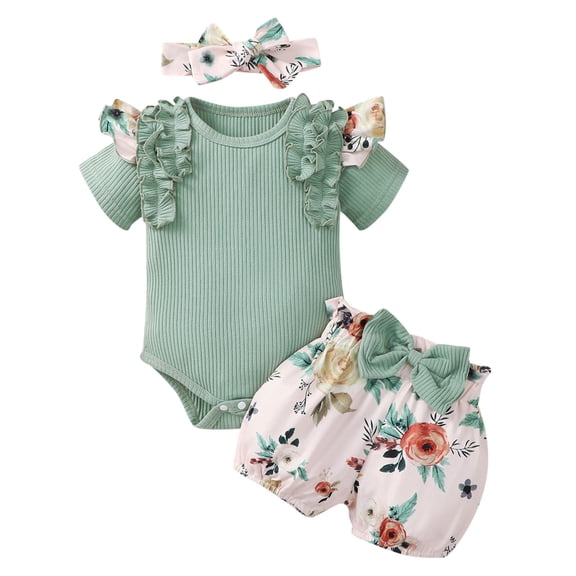 Wxirdiow Rompers for Toddler Girl Baby Girl Clothes Newborn Infant Outfit Ruffle Romper and Short Pants Clothing Sets for Summer Spring Green Size,12-18 Months