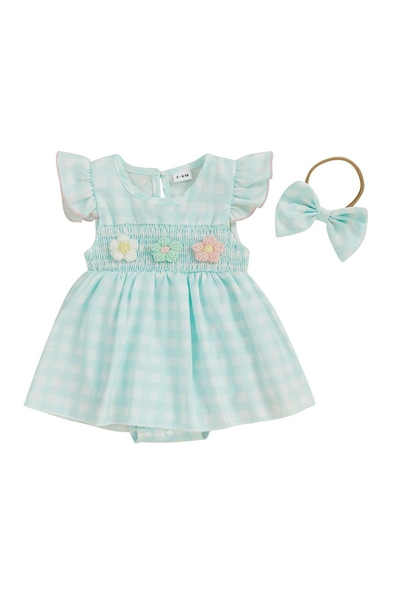 Rompers for Toddler Girl Baby Girl Clothes Smocked Romper Dress Flutter Sleeve Jumpsuit with Headband Cute Newborn Girls Summer Outfit Light Green Size,6-12 Months
