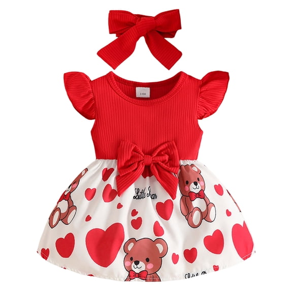 Wxirdiow Rompers for Summer Toddler Girl Dresses Ruffled Sleeve Casual Dress Summer Toddler Girl Clothes with Cute Headband Red Size,6-9 Months