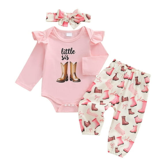 Wxirdiow Rompers for Toddler Baby Girls Clothes Newborn Infant Baby Girls Outfit Long Sleeve Ruffle Romper Pants Headband Sets Pink Size,3-6 Months