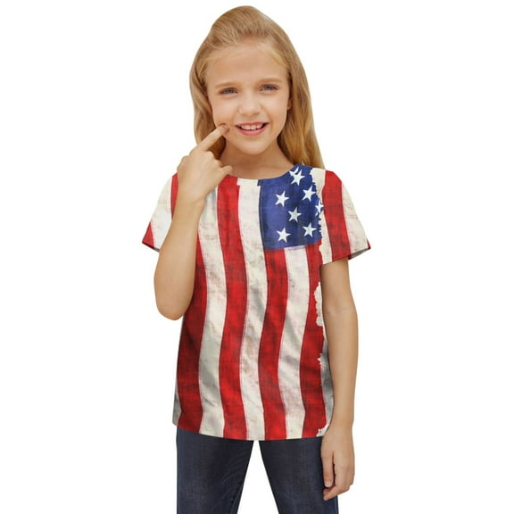Wxirdiow Shirts for Teens Girls Toddler Girl 4th of July Patriotic Shirt America Letter Print Tshirt USA Flag Graphic Tee Top Red Size,6-7 Years