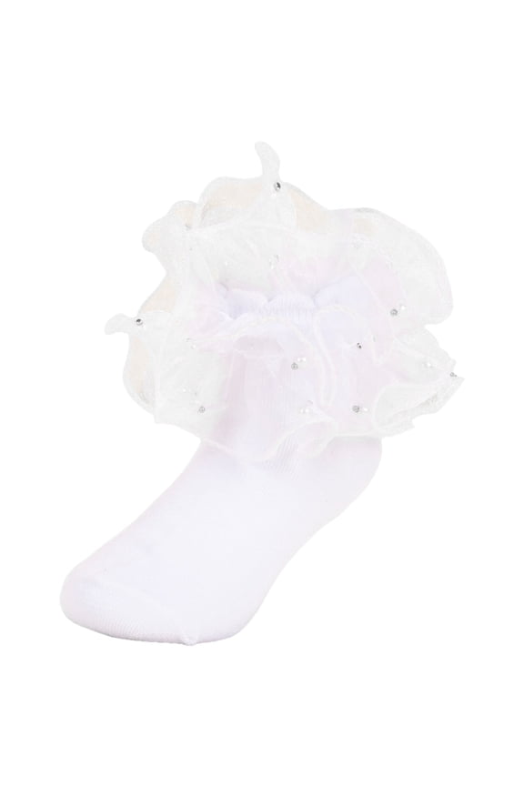 Socks for Girls Girls Ruffle Cotton Ankle Socks Adjustable Cuff Design Big Double Lace Frilly Dress Sock for Toddlers White Size,4-6 Years