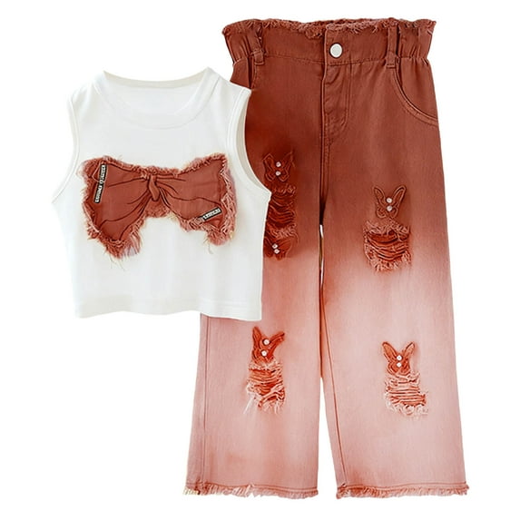 Wxirdiow Spring Outfits for Girls Kids Sleeveless Tank Cute Ripped Jeans Two Piece Sets Girl Solid Color Raglan Bow Shirts Girls' Clothing Sets Brown Size,3-4 Years