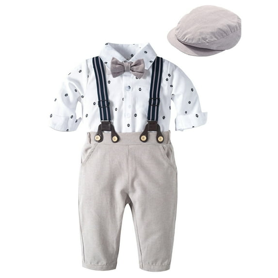 Wxirdiow Suits for Toddler Boys Toddler Baby Boy Clothes Suit Gentleman Wedding Outfits Formal Dress Shirt with Bowtie + Suspender Pants Silver Size,3-6 Months