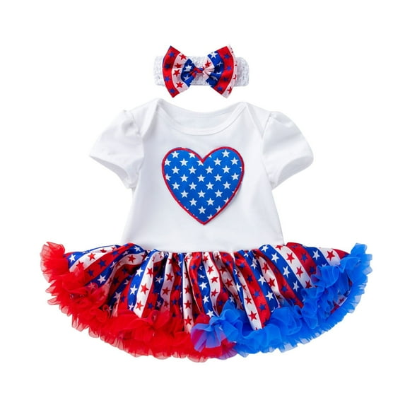 Wxirdiow Summer American Girl Dress Toddler Girl 4th of July Outfit Fourth of July Summer Tutu Dress USA Stars Patriotic Birthday Party Tulle Sundress B Size,0-3 Months