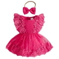 thumbnail image 1 of Wxirdiow Summer Baby Girl Clothes Baby Girl Clothes Short Sleeve Bubble Romper Newborn Girls Spring Summer Bows Jumpsuits with Elastic Headband Outfit Hot Pink Size,12-18 Months, 1 of 4