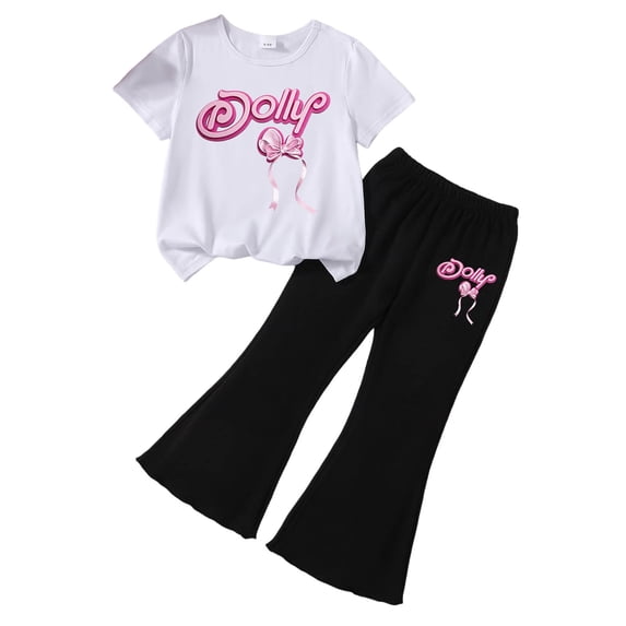 Wxirdiow Summer Clothes for Girls 2 Piece Outfit Short Sleeve Ringer Tee & Bell Bottom Set Print Casual Kids Clothes I Size,6-7 Years