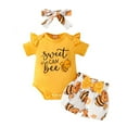 thumbnail image 1 of Wxirdiow Summer Newborn Girl Clothes Baby Girl Clothes Infant Summer Outfits Short Sleeve Ruffles Letters Romper & Shorts Set Gold Size,12-18M, 1 of 3