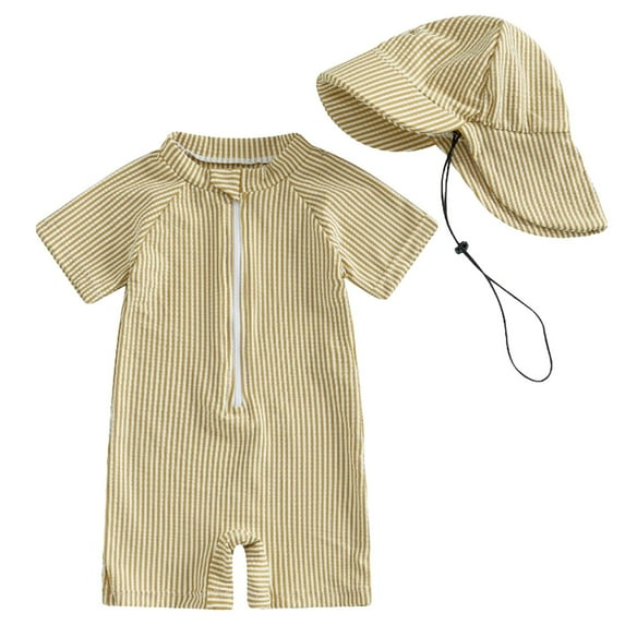 Wxirdiow Swim Suit for Boys Toddler Boys Rash Guard Swimsuit Zipper One-Piece Swimsuit Swimwear Bathing Suit with Sun Hat Yellow Size,3-6 Months