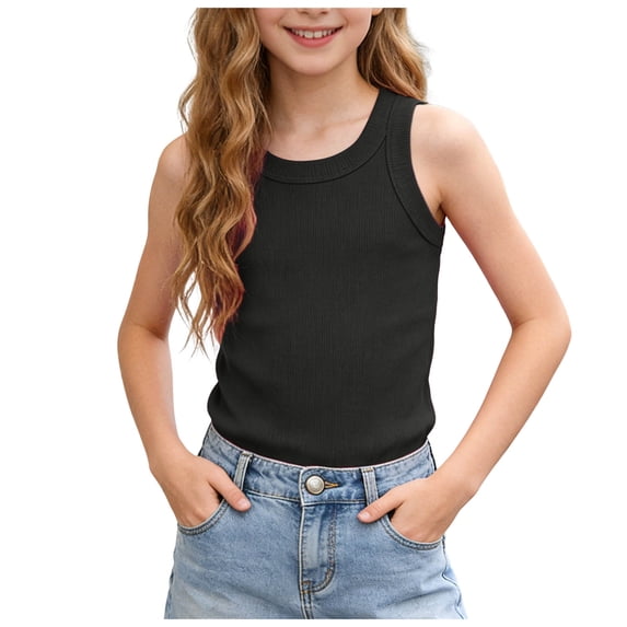 Wxirdiow Tank Tops for Toddler Girls Tank Tops Kids Athletic Ribbed Knit Crewneck Crop Tops Basic Camisole Black Size,4-5 Years