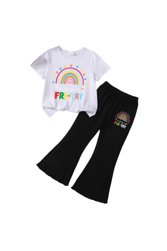 Teen Clothes for Girls 2 Piece Outfit Short Sleeve Ringer Tee & Bell Bottom Set Casual Kids Clothes A Size,4-5 Years