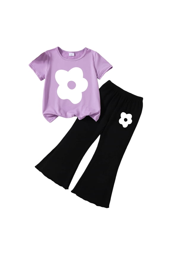 Teen Clothes for Girls' Summer 2-Piece Outfit Set Embellished Short-Sleeve Top + Flared Pants K Size,2-3 Years