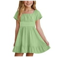 thumbnail image 1 of Wxirdiow Teen Dresses Girls' Short Sleeve A-Line Summer Dress Bow Print Bubble Sleeve Casual Party Dress Lightweight Versatile Daily Green Size,10-11 Years, 1 of 8