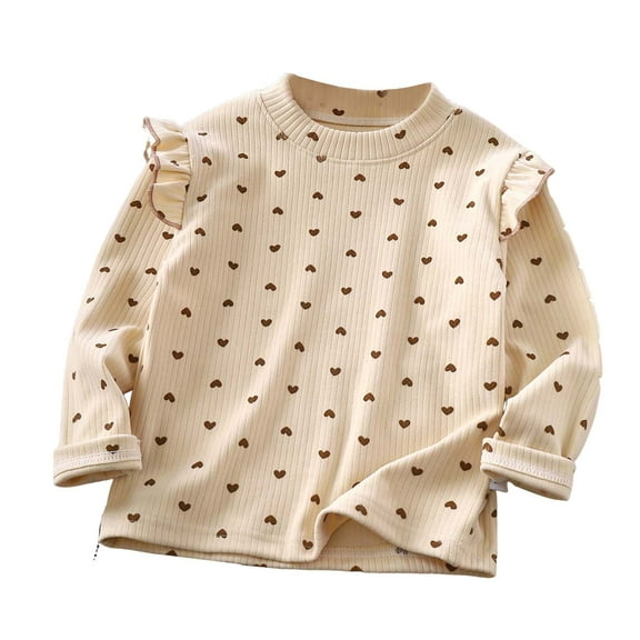 Wxirdiow Teen Tees for Girls Girls Long Sleeve Shirts Cute Ruffle Shoulder Crewneck Sweatshirts Pullover Tops Beige Size,3-4 Years