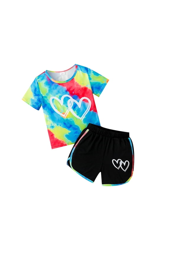 Toddler Athletic Set Toddler Baby Girl Summer Outfits Tie Dye Short Sleeve T-Shirt and Shorts 2Pcs Clothes Set for Girls Black Size,18-24 Months