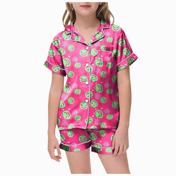 Wxirdiow Toddler Baby Girl Halloween Pajamas Pumpkin Short Sleeve Button Up Shirt Pj Shorts Kids Sleepwear Pjs,Pink,4-5 Years