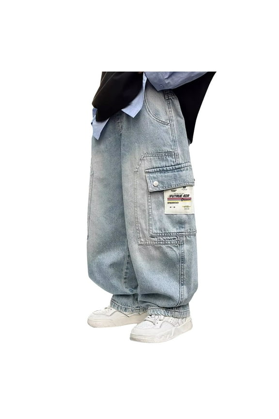 Toddler Baggy Jeans Boys Cargo Denim Pants Straight Leg Streetwear Jeans with Multi Pockets for Kids Blue Size,12-14 Years