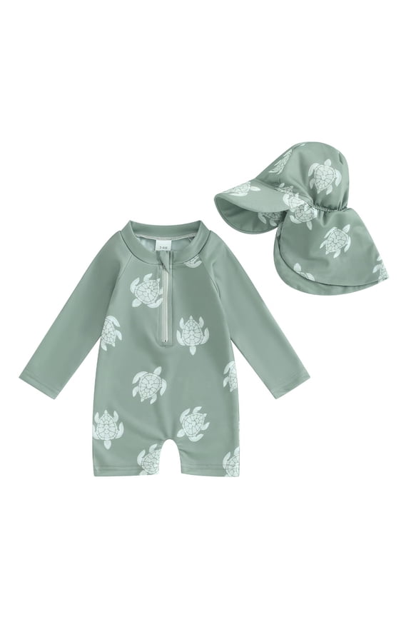 Toddler Boy Bathing Suits Toddler Baby Boy One Piece Swimsuit Kids Bathing Suit Long Sleeve Rash Guard Half Zipper Swimwear Sunhat Set Green Size,0-3 Months