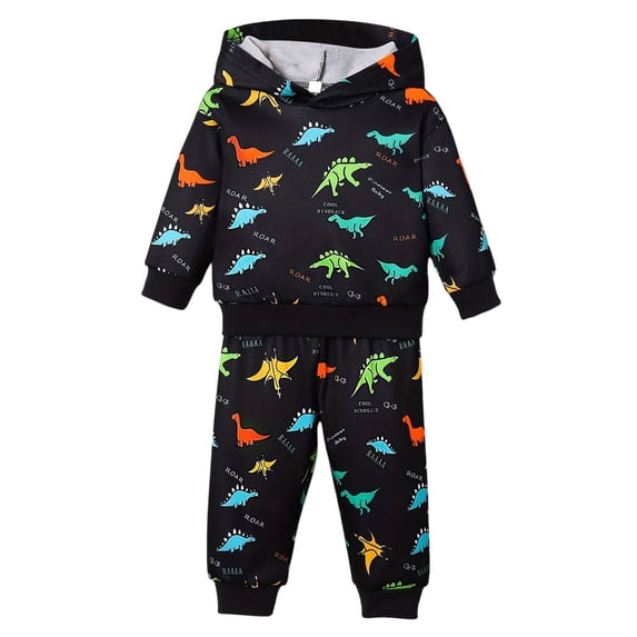 Wxirdiow Toddler Boy Outfits Toddler Baby Boy Clothing Sets Little Dinosaur Printed Hoodies & Pants Kids 2pcs Outfits Black Size,18-24 Months