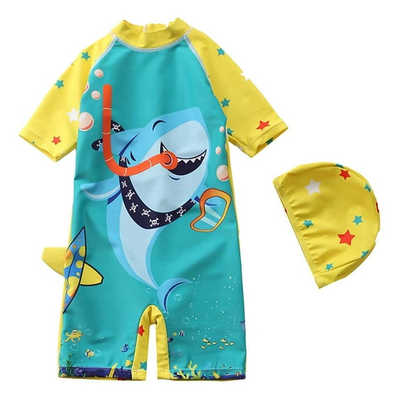 Wxirdiow Toddler Boy Swimsuit Toddler Boys Rash Guard Swimsuit Print Zipper Short Sleeve Bathing Suit with Swim Cap for Kids Light Yellow Size,4-5 Years