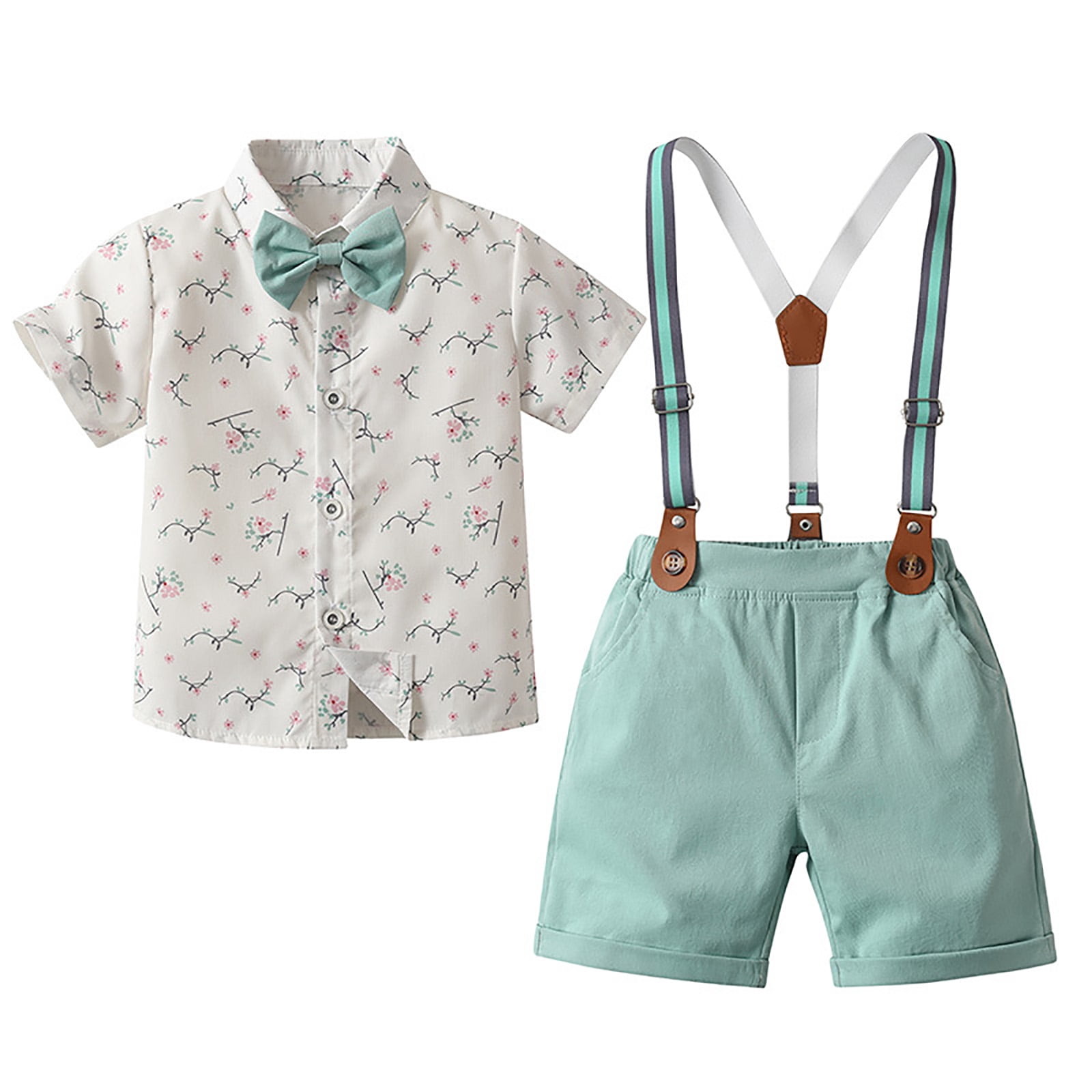 Wxirdiow Toddler Boy Wedding Outfit Boys Summer Formal Outfit Set - Gentleman Baby Boy Outfit Toddler Suit Short Sleeve Bow Tie Shirt Pants Light Green Size,5-6 Years