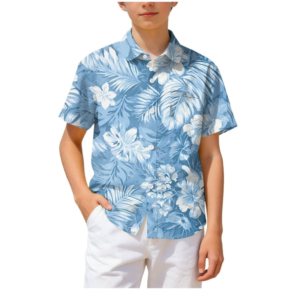 Wxirdiow Toddler Boys Beach Shirt Boys Hawaiian Shirt Short Sleeve Casual Button Down Beach Shirt Kids Summer Shirts Sky Blue Size,14-15 Years