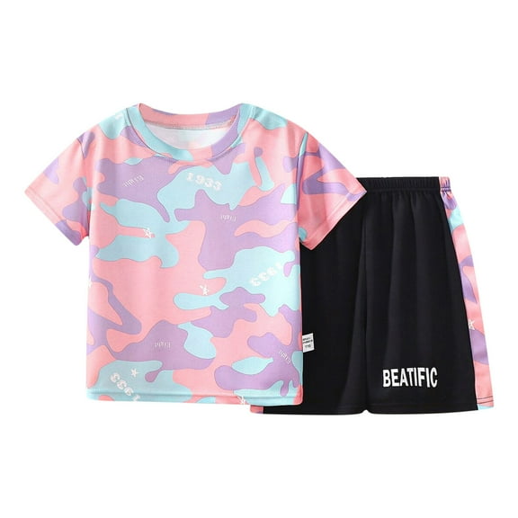 Wxirdiow Toddler Boys Summer Outfits Boys Athletic Shorts and T-Shirt Crew Neck Boy Clothes Set Summer Kids Outfit Pink Size,18-24 Months