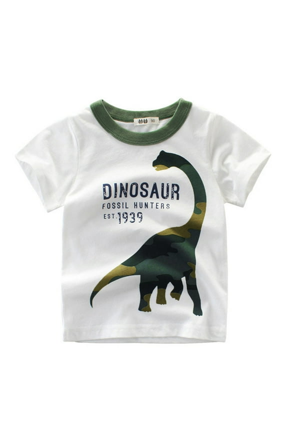 Toddler Clothes Boys Shirts Round Neck Print Cotton Shirts Short Sleeve Comfy Pullover Tops School Clothes for Boys White Size,3-4 Years