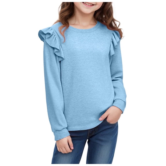 Wxirdiow Toddler Fall Outfits for Girls Girls Long Sleeve Shirts Soft Cotton Crewneck Girls' Basic Long-Sleeve T-Shirts Toddlers' Tagless Tees Light Blue Size,7-8 Years