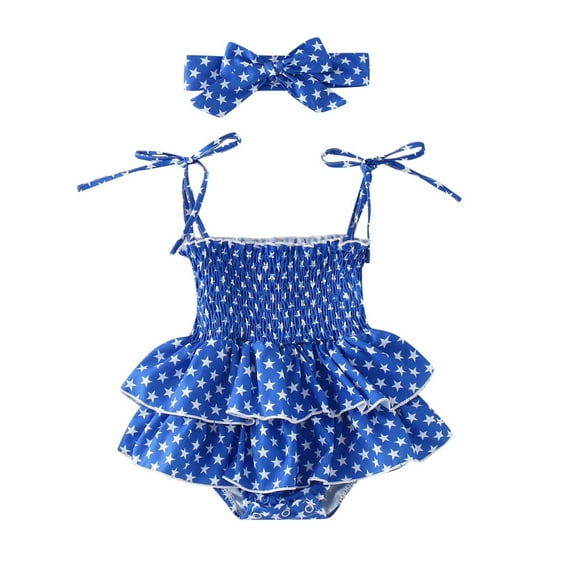 Wxirdiow Toddler Girl 4th of July Outfit 4th of July Baby Girl Outfit Letter Embroidery Romper Short Sleeve Newborn Jumpsuit Infant Girl Summer Clothes Blue Size,3-6 Months
