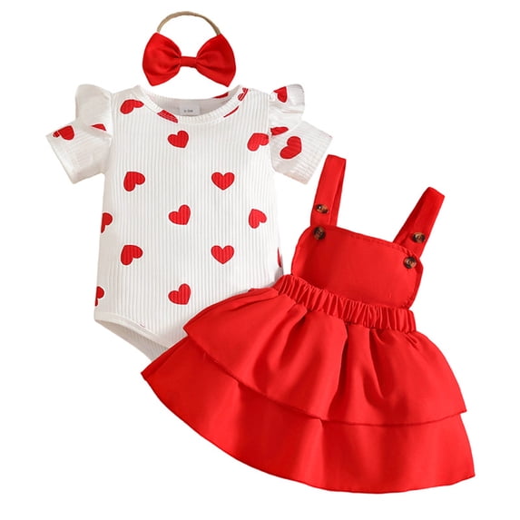 Wxirdiow Toddler Girl Dresses Baby Girl Clothes Summer Outfits Short Sleeve Romper Print Suspender Skirt Bow Headband Set Red Size,3-6 Months