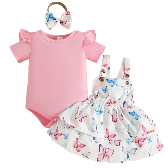 Wxirdiow Toddler Girl Rompers Baby Girl Clothes Summer Outfits Short Sleeve Romper Print Suspender Skirt Bow Headband Set Pink Size,9-12 Months