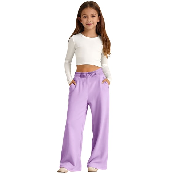 Wxirdiow Toddler Girl Sweatpants Girls Wide Leg Sweatpants Straight Pants for Kids Girls Trousers with Pockets Purple Size,5-6 Years