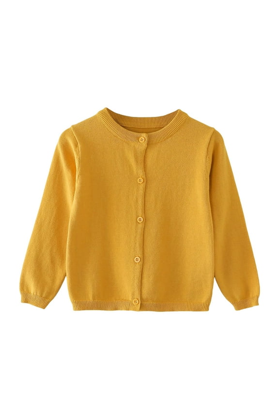 Toddler Girls Cardigan Sweater Girls Crewneck Cardigan Long Sleeve Children Button Cotton Sweater Uniform Sweaters for Little Girls Yellow Size,5-6 Years