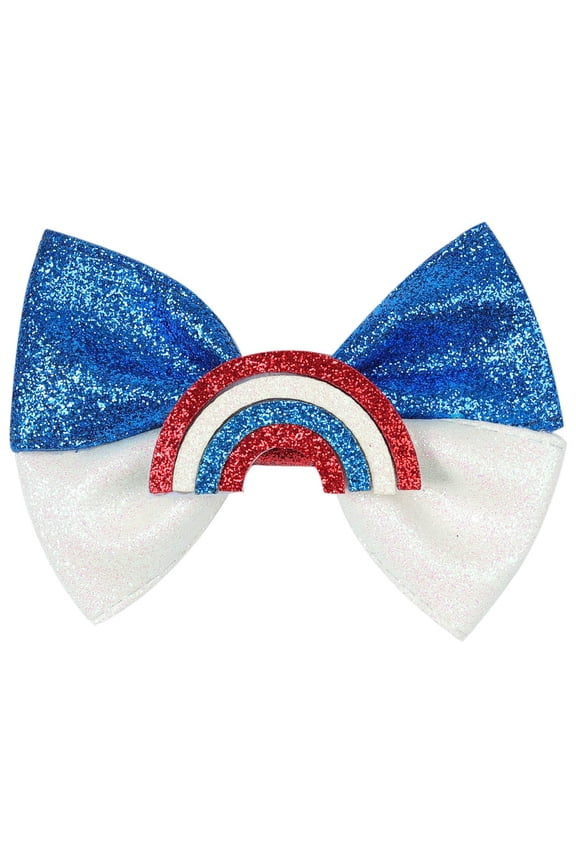 Toddler Girls Hair Accessories Childrens Independence Day Bow Hair Girls Leather Glitter Color Block Three Colors Blue Size,3-12 Years