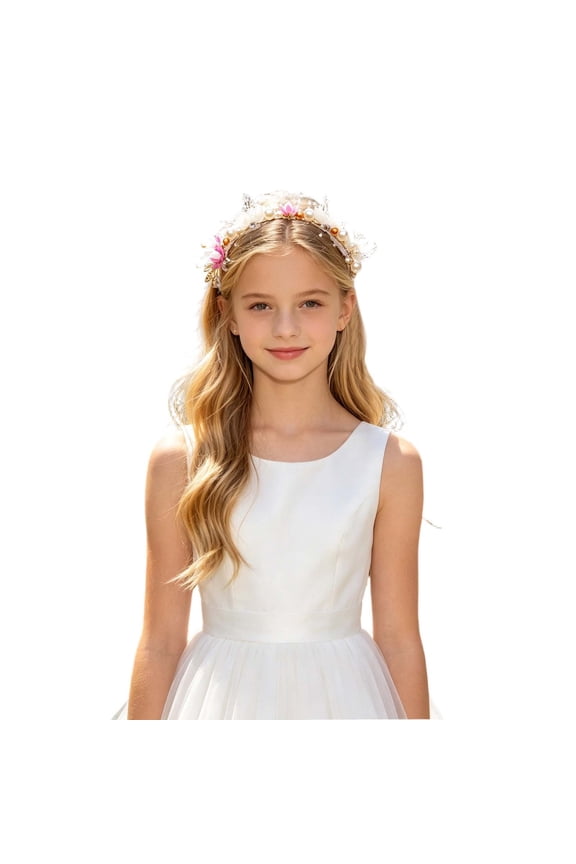 Toddler Girls Headbands Girls First Communion White Tulle Veil with Beaded Flower Crown and Satin Bow Purple Size,5-13 Years