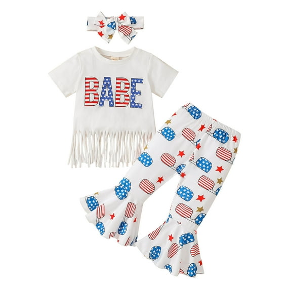 Wxirdiow Toddler Girls Summer Outfits 4th Of July Baby Girl Outfit Newborn Patriotic Sleeveless Romper Tank Top Flared Pant Set With Headband White Size,12-18 Months