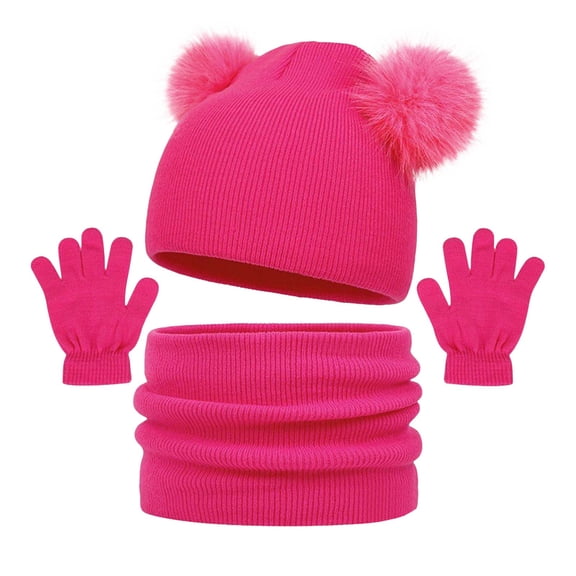 Wxirdiow Toddler Hats Kids Winter Hat Gloves Scarf Set,Girls Toddler Children Hats Beanie with Pom Knit Neck Warmer Gaiter Mittens Fleece Lined Set Pink Size,2-12 Years
