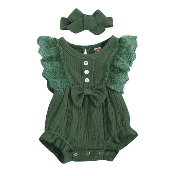 Wxirdiow Toddler Rompers Newborn Baby Girl Cotton Bubble Romper Summer Clothes Vintage Ruffle Short Sleeve Bodysuits Outfit Green Size,12-18 Months