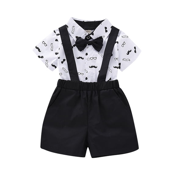 Wxirdiow Toddler Suit for Boys Baby Boy Formal Short Set Toddler Summer Gentleman Outfit Kid Short Sleeve Bowtie Shirt Suspender Shorts Suit Black Size,12-18 Months