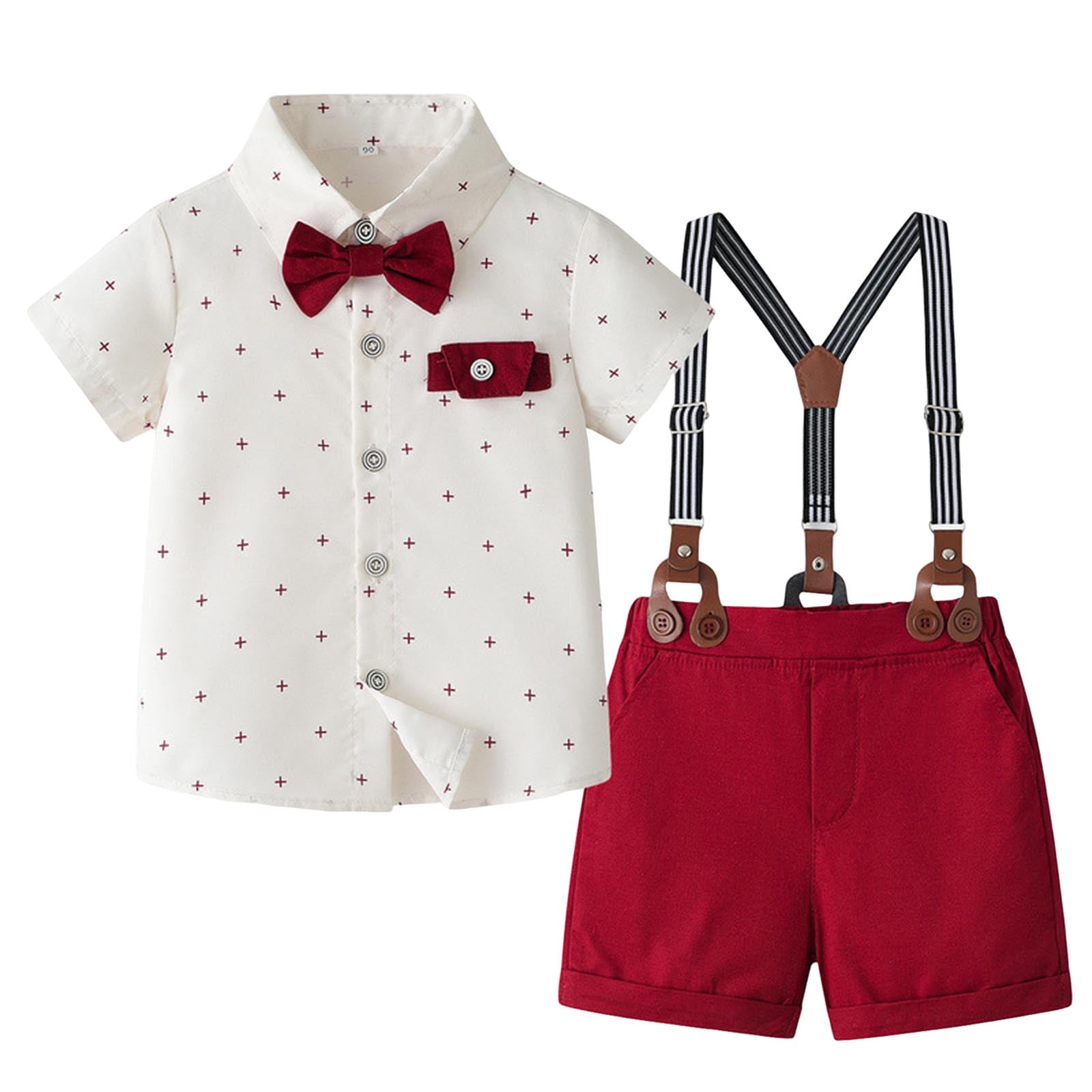Wxirdiow Toddler Suit Toddler Baby Boy Clothes Suit Gentleman Wedding Outfits Formal Dress Shirt with Bowtie + Suspender Shorts Wine Size,5-6 Years