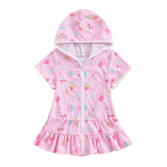 Wxirdiow Toddler Swim Cover Up Girls Swim Cover Up Kids Swimsuit Coverup Terry Zip-Up Beach Bathing Suit Wraps Pink Size,3-4 Years