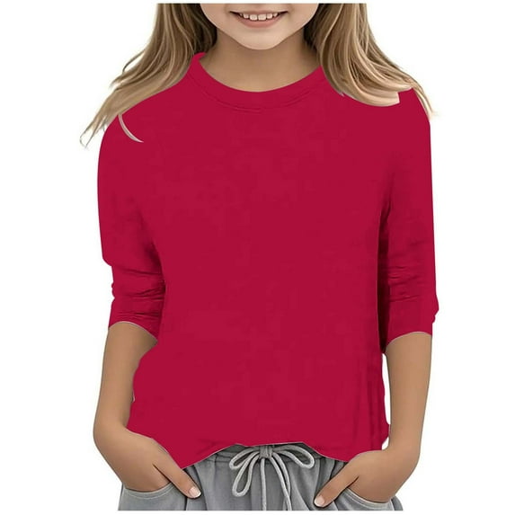 Wxirdiow Tops for Kids Girls Long Sleeve Shirts Crewneck Ruched Side Slim Fit Tops Ribbed Knit Tee Shirt Wine Size,3-4 Years