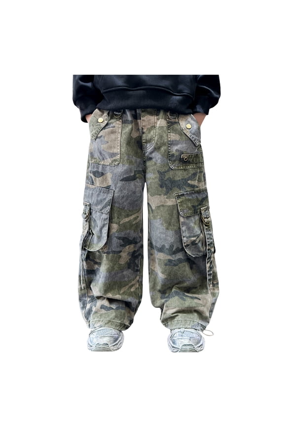 Y2k Pants Kids Boy's Wide Leg Cargo Pants Outdoor Casual Trousers Baggy Pants Streetwear Camouflage Size,13-14 Years