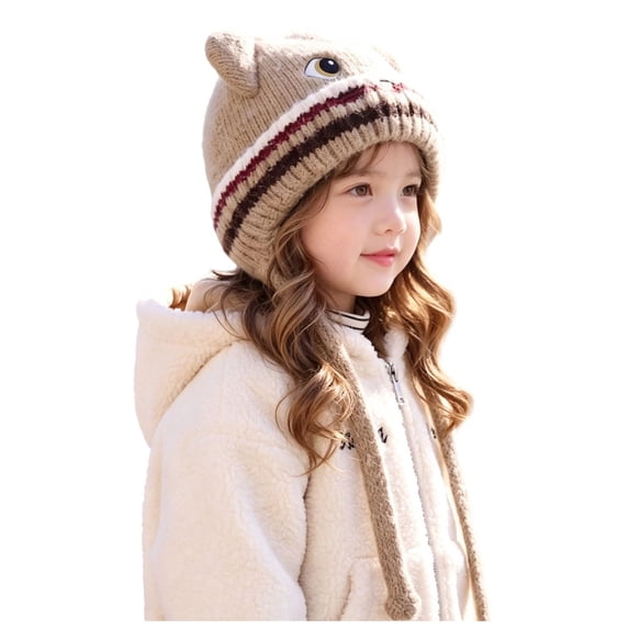 Wxirdrow Baby Beanie Warm Winter Hat Kids Cute Cat Knit Earflap Hat Fuzzy Fleece Lined Winter Warm Cartoon Protective Cold Weather Cap For Boys Girls Khaki,2-8 Years