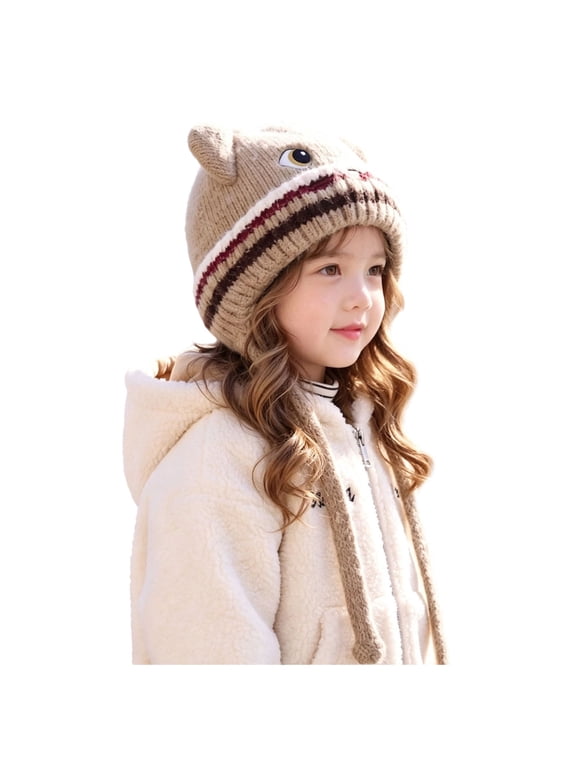 Baby Beanie Warm Winter Hat Kids Cute Cat Knit Earflap Hat Fuzzy Fleece Lined Winter Warm Cartoon Protective Cold Weather Cap For Boys Girls Khaki,2-8 Years
