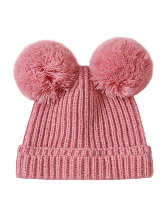Baby Beanie Winter Hat Toddler Winter Knit Hat Upgrade Fleece Lined Pompom Ears Cap For Boys Girls Pink,0-12 Months