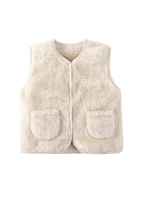 Baby Girls Boys Fleece Vest Toddler Lightweight Cute Fall Winter Warm Sleeveless Cardigan Outerwear Soft Waistcoat Jacket with Pockets White,6-12 Months