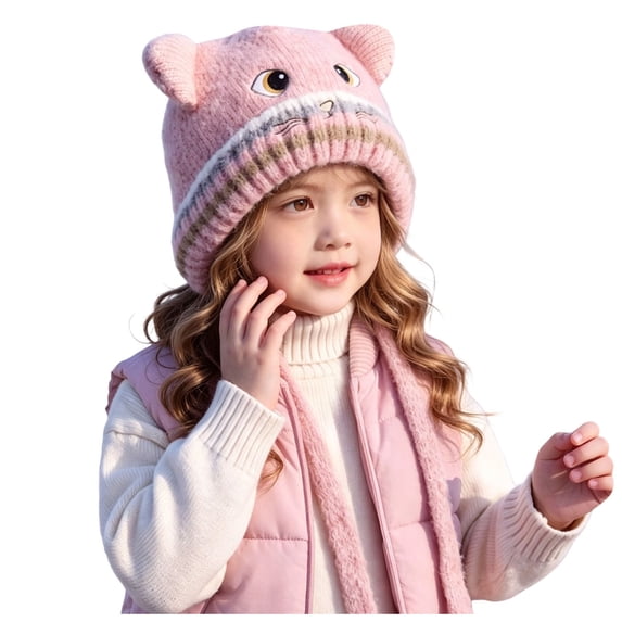Wxirdrow Baby Hats Toddler Beanies Kids Cute Cat Knit Earflap Hat Fuzzy Fleece Lined Winter Warm Cartoon Protective Cold Weather Cap For Boys Girls Pink,2-8 Years